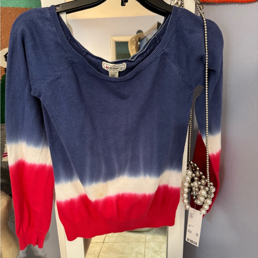 One Step Ahead Blue and White Crew Neck Sweater with Tie-Dye Effect